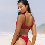 Cherry red clip front bikini top from the back